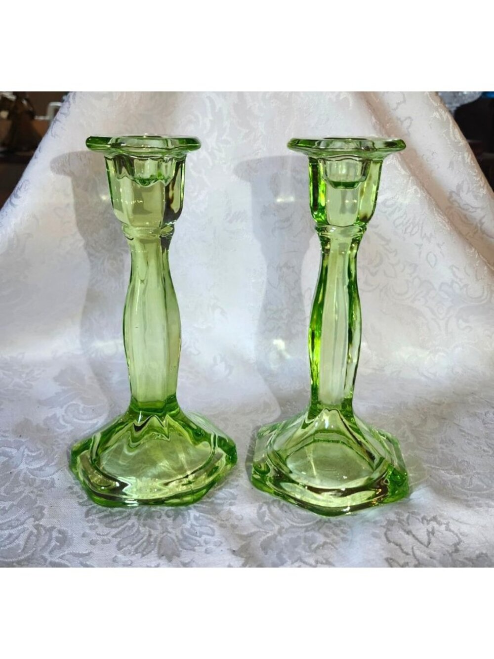 Vintage Green Glass Candle Holders - Elegant Octagonal Base Pair
